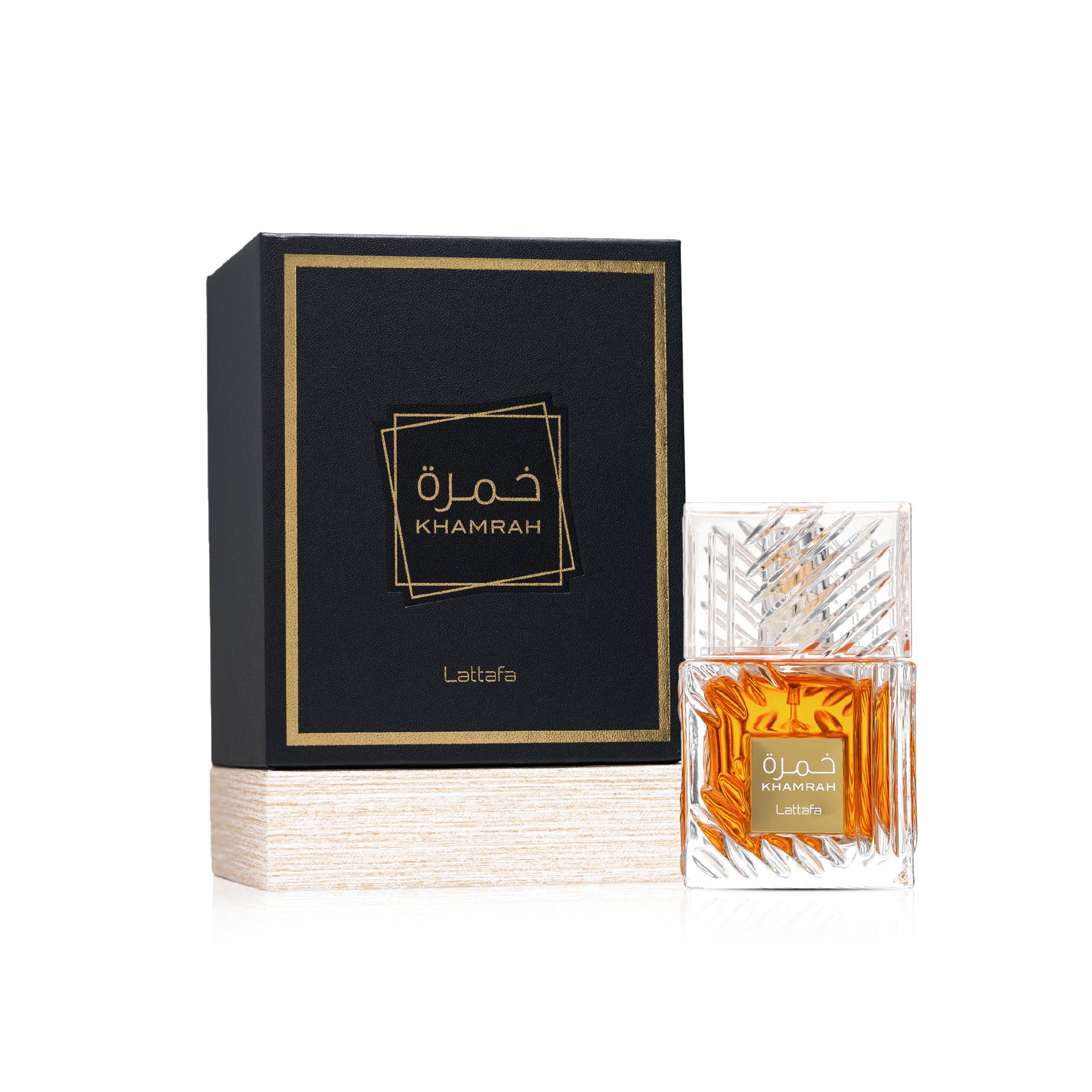 LATTAFA – KHAMRAH parfum met flacon en verpakking op witte achtergrond – een luxe geur met kruidige accenten en zoete gourmandtonen